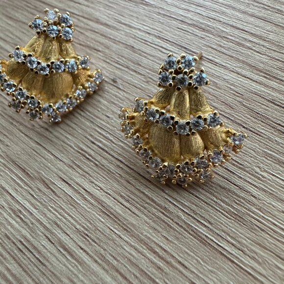 Gold Plated Stud Earrings with CZ – Fan Shape Statement - Picture 4 of 5